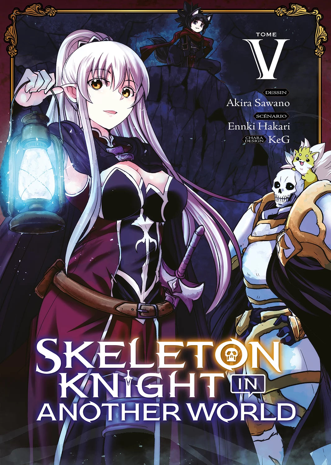 manga Skeleton Knight in Another World – Un chevalier squelette en armure dorée accompagné d’une aventurière.
