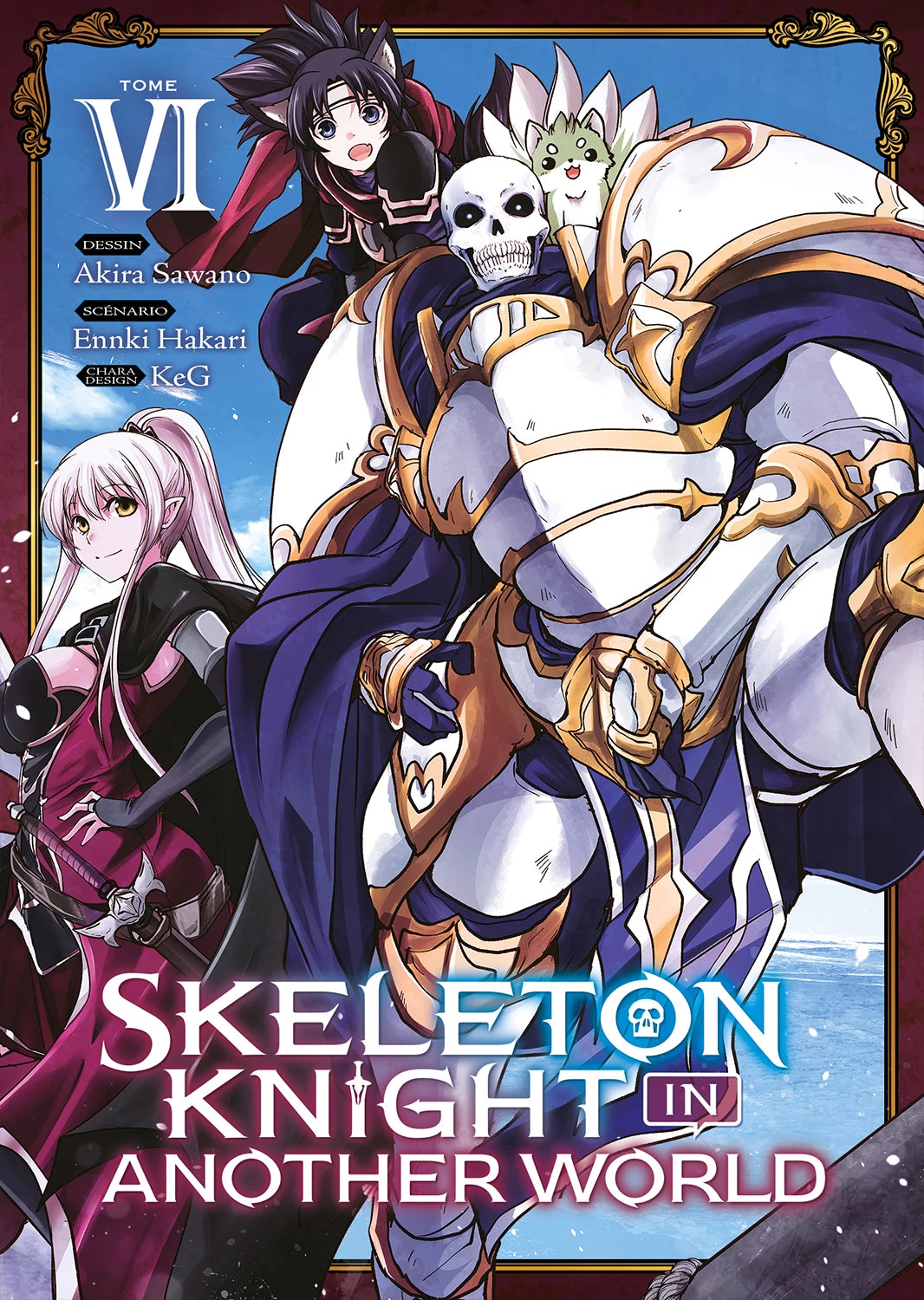 manga Skeleton Knight in Another World – Un chevalier squelette en armure dorée accompagné d’une aventurière.