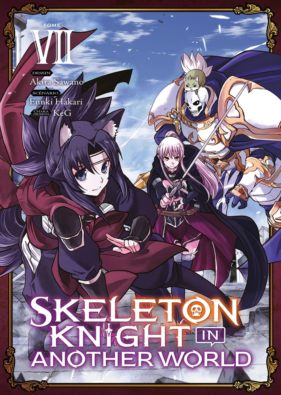 manga Skeleton Knight in Another World – Un chevalier squelette en armure dorée accompagné d’une aventurière.