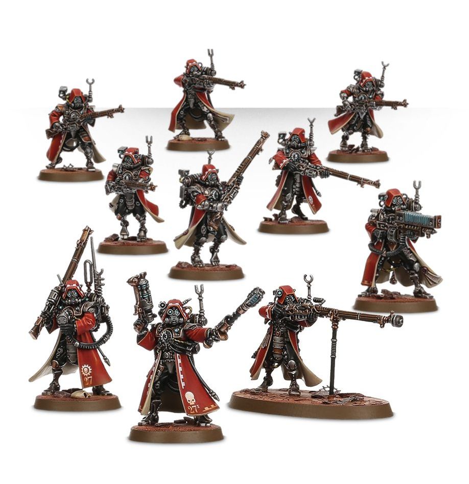 Boîte des Skitarii Adeptus Mechanicus pour Warhammer 40,000. Ce kit contient 10 soldats cybernétiques personnalisables, armés d’armes avancées pour le combat tactique à distance.