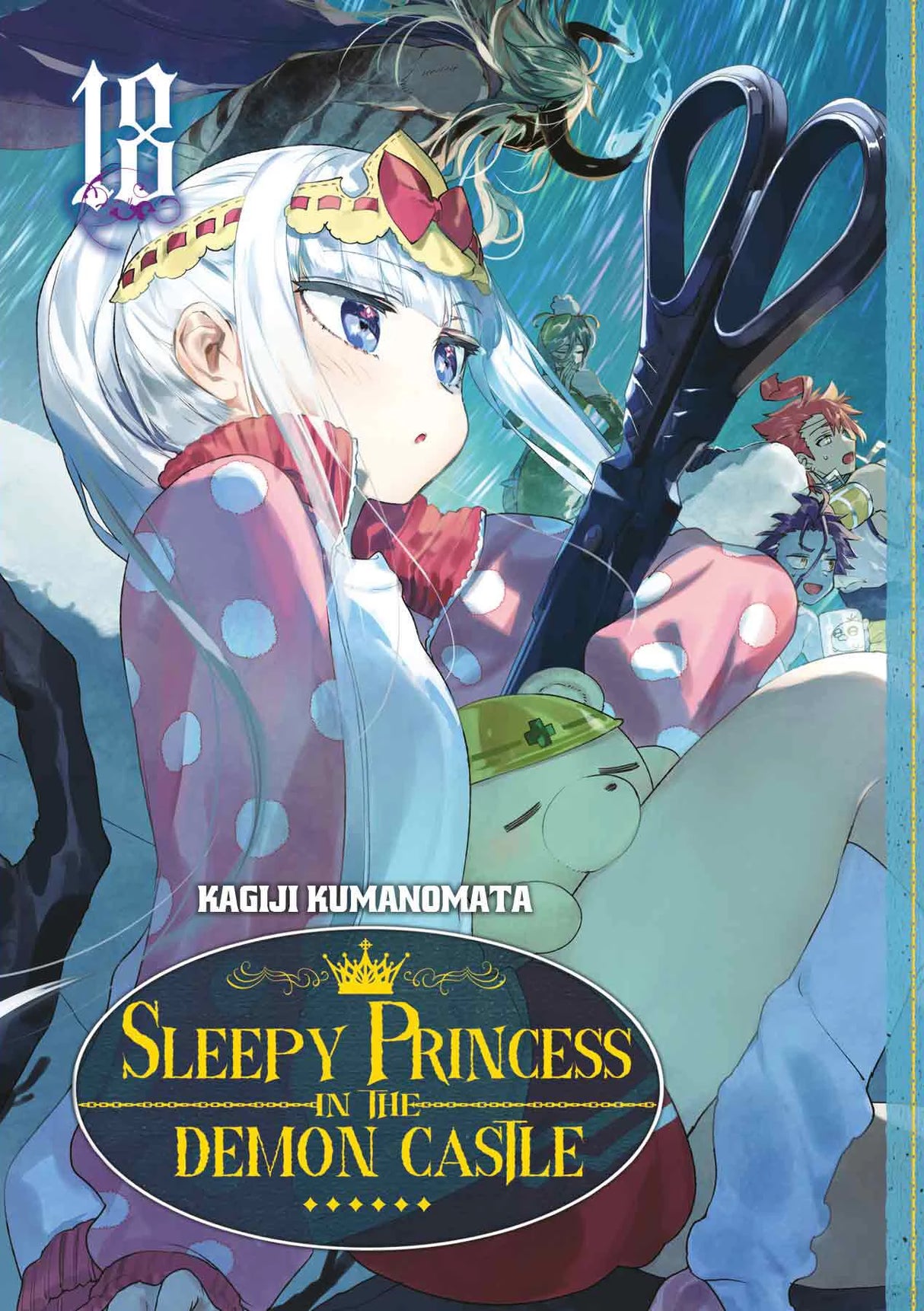 tome 18 de Sleepy Princess in the Demon Castle : la princesse Syalis armée d’une énorme paire de ciseaux, imperturbable sous la pluie, tandis que les démons autour d’elle paniquent.