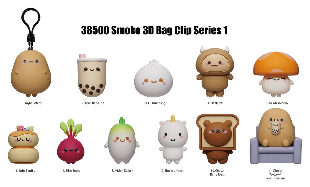 Visuel Smoko Figural Bag Clip Series 1 avec plusieurs porte-clés 3D kawaii à collectionner, dont champignon, bubble tea, radis et licorne.