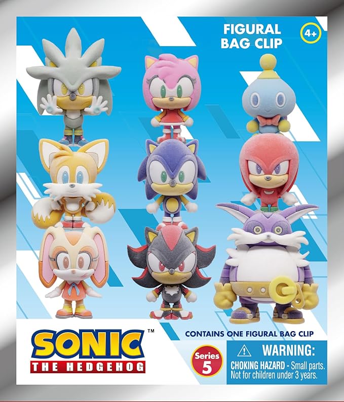 Sonic The Hedgehog Figural Bag Clip Series 5 avec plusieurs personnages chibi dont Sonic, Tails, Knuckles, Amy, Shadow et Silver.