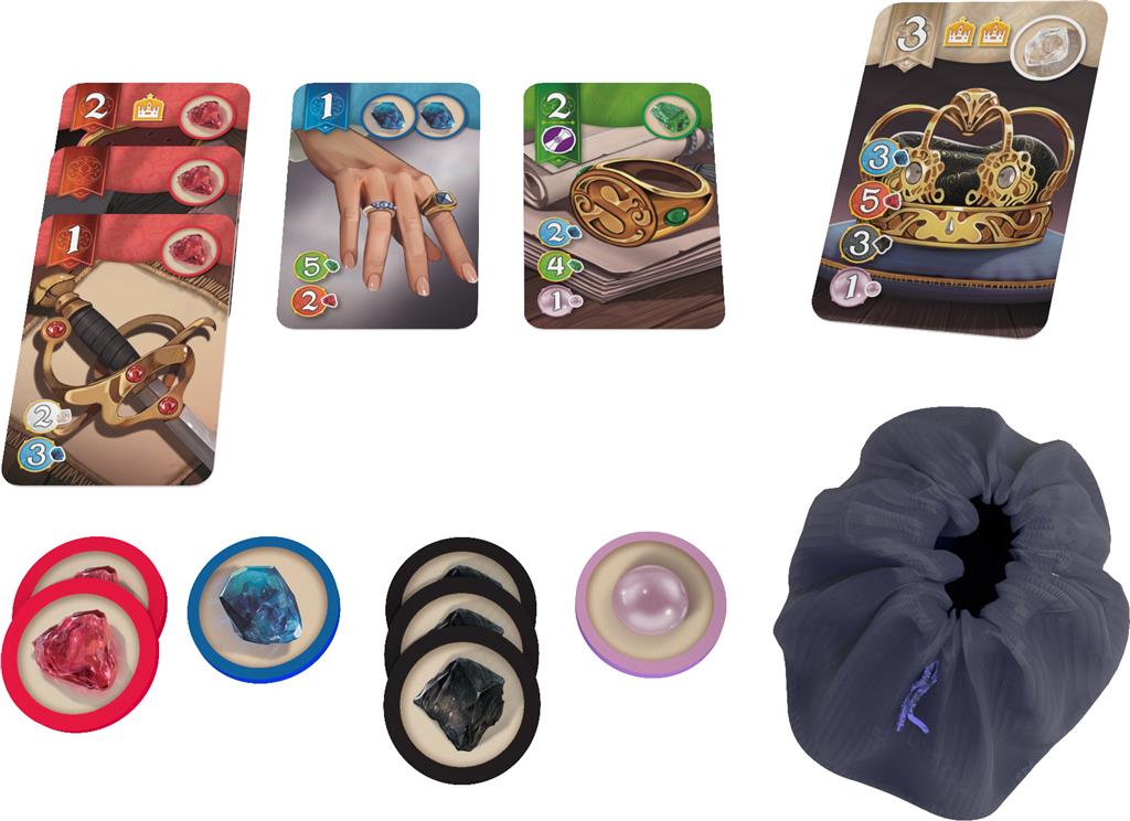 Boîte du jeu de société Splendor Duel avec une couronne dorée ornée de gemmes sur fond bleu.