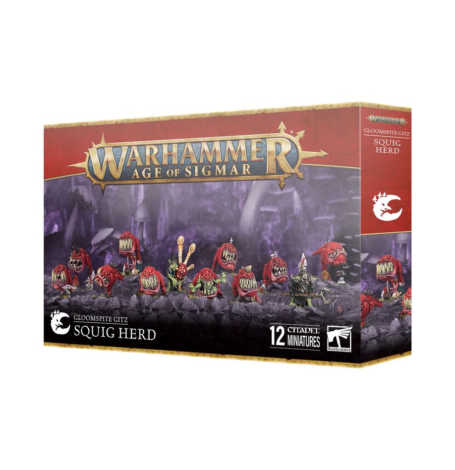 Boîte de figurines Warhammer Age of Sigmar – Gloomspite Gitz Squig Herd. Contient 10 squigs et 2 gobelins herders pour créer une unité chaotique et dévastatrice.