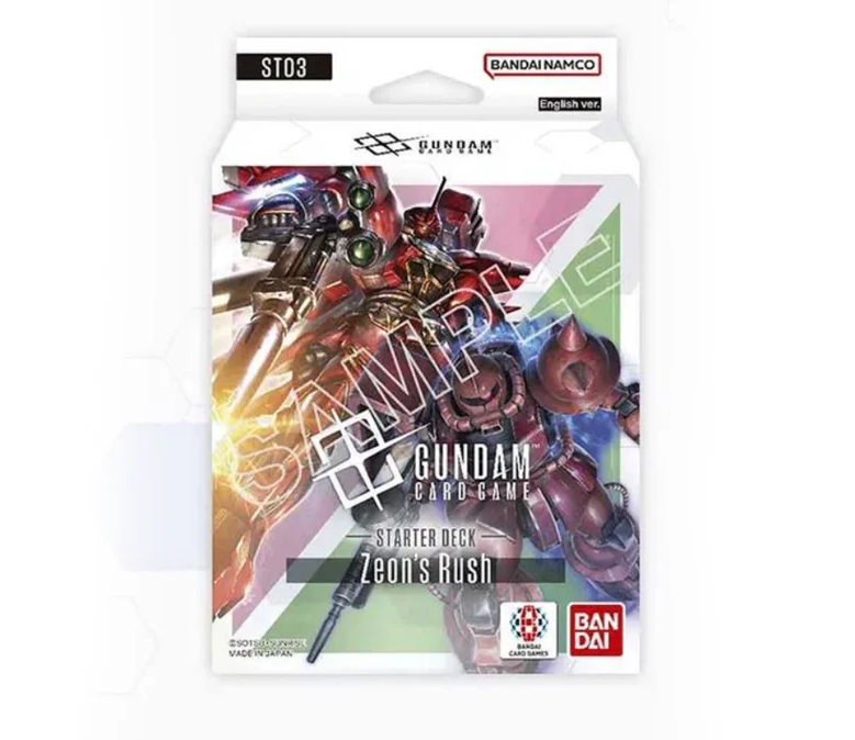 Starter Deck ST03 Zeon's Rush du Gundam Card Game par Bandai, avec Char's Zaku et d'autres Mobile Suits de Zeon en couverture.