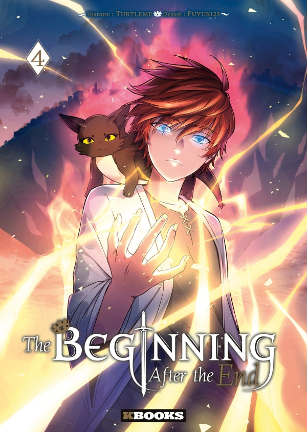 tome 4 de The Beginning After the End, montrant Arthur avec un regard déterminé, des flammes en arrière-plan, et son compagnon félin Sylvie perché sur son épaule.
