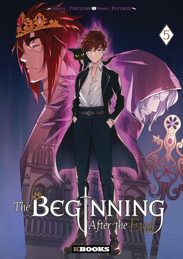 tome 5 de The Beginning After the End montrant Arthur en tenue élégante, debout avec assurance, accompagné de Sylvie sur l’épaule, et des figures royales en arrière-plan.