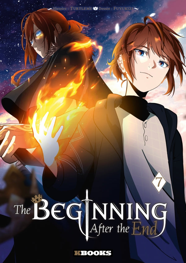 tome 7 de The Beginning After the End, montrant Arthur en double version : une lumineuse, l’autre ténébreuse, tenant un grimoire enflammé dans un décor étoilé.