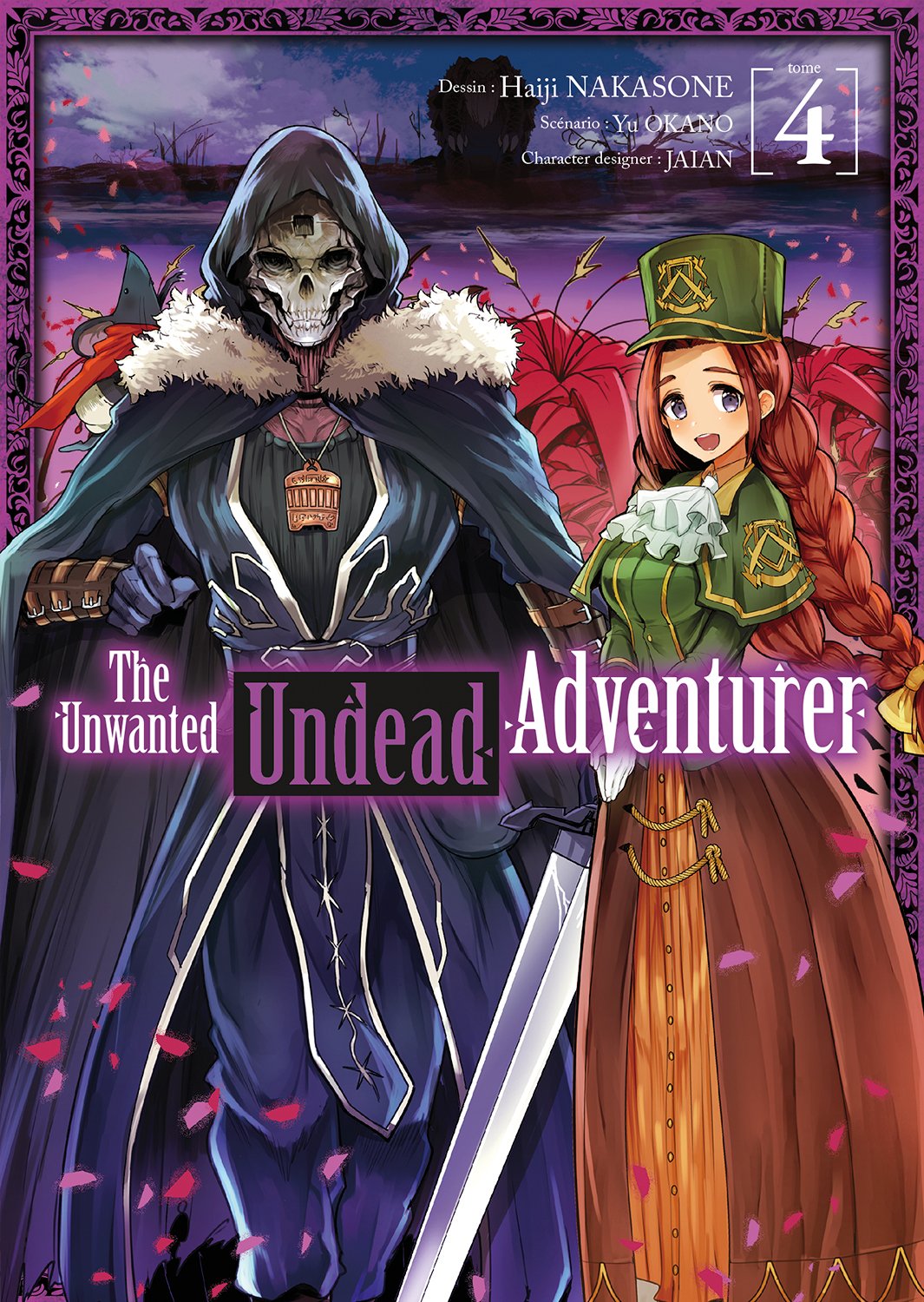 manga The Unwanted Undead Adventurer Tome 4 montrant Rentt en squelette vêtu d’une cape aux côtés d’une jeune femme rousse en uniforme vert, sur fond de paysage crépusculaire.