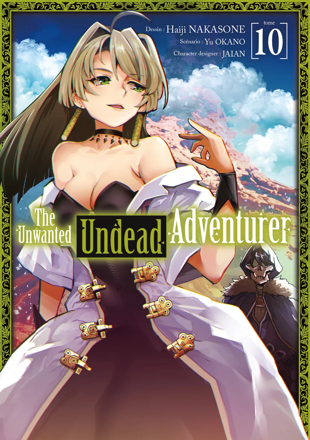 manga The Unwanted Undead Adventurer Tome 10, avec une femme élégante en robe noire et blanche au premier plan, et un aventurier squelettique en arrière-plan dans un paysage montagneux.