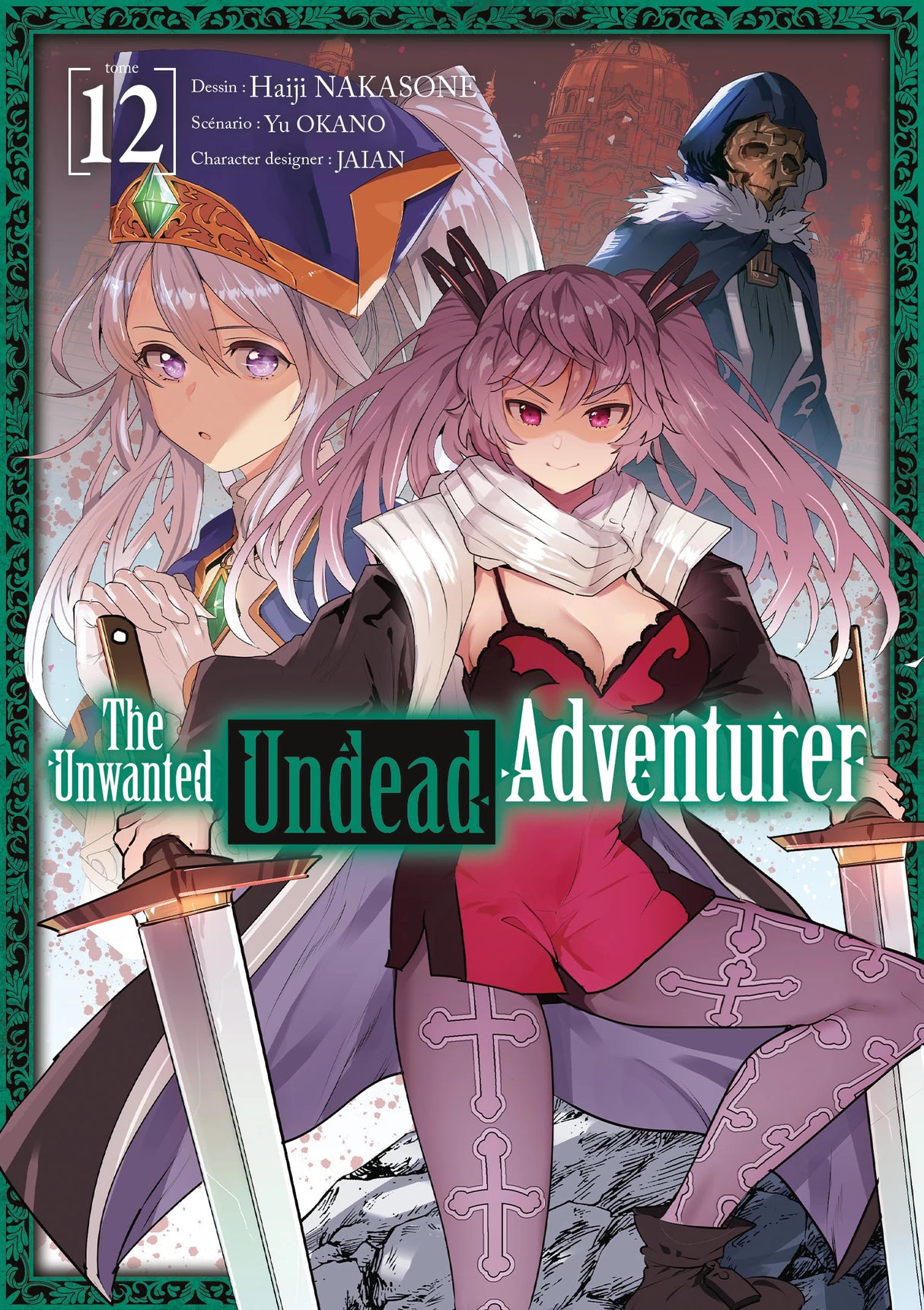 manga The Unwanted Undead Adventurer Tome 12, avec deux jeunes femmes en tenue de combat et un aventurier squelette en arrière-plan, sur fond de cité rougeoyante.