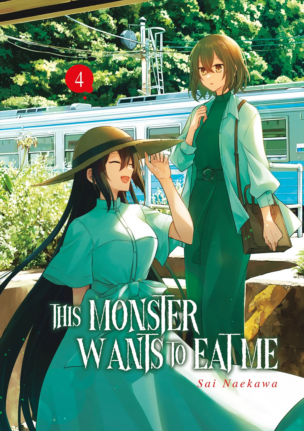 This Monster Wants to Eat Me Tome 4, avec deux jeunes femmes à la gare. L’une rit joyeusement en soulevant son grand chapeau, tandis que l’autre la regarde avec un air sérieux. Un train bleu est visible à l’arrière-plan.