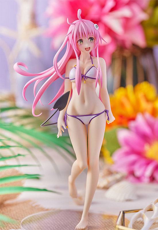 Figurine Pop Up Parade de Lala Satalin Deviluke (To Love-Ru Darkness), en bikini blanc et violet, avec ses cheveux roses et sa queue démoniaque emblématique.