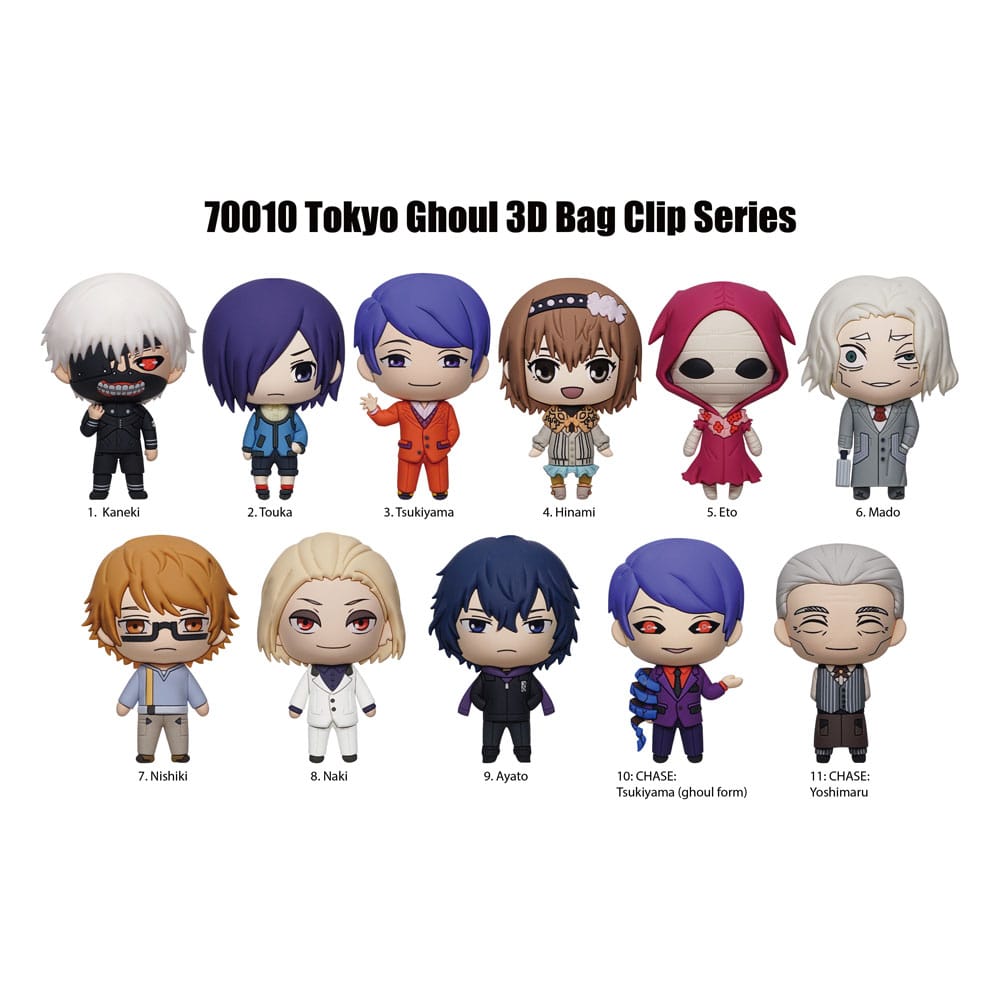 porte-clés Tokyo Ghoul 3D Series 2, avec des figurines chibi des personnages emblématiques de l’anime comme Kaneki, Touka, Juuzou, et d'autres. Le packaging affiche les visuels des porte-clés disponibles.