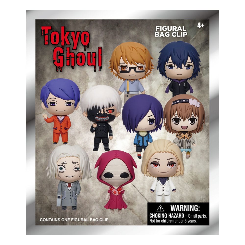 porte-clés Tokyo Ghoul 3D Series 2, avec des figurines chibi des personnages emblématiques de l’anime comme Kaneki, Touka, Juuzou, et d'autres. Le packaging affiche les visuels des porte-clés disponibles.