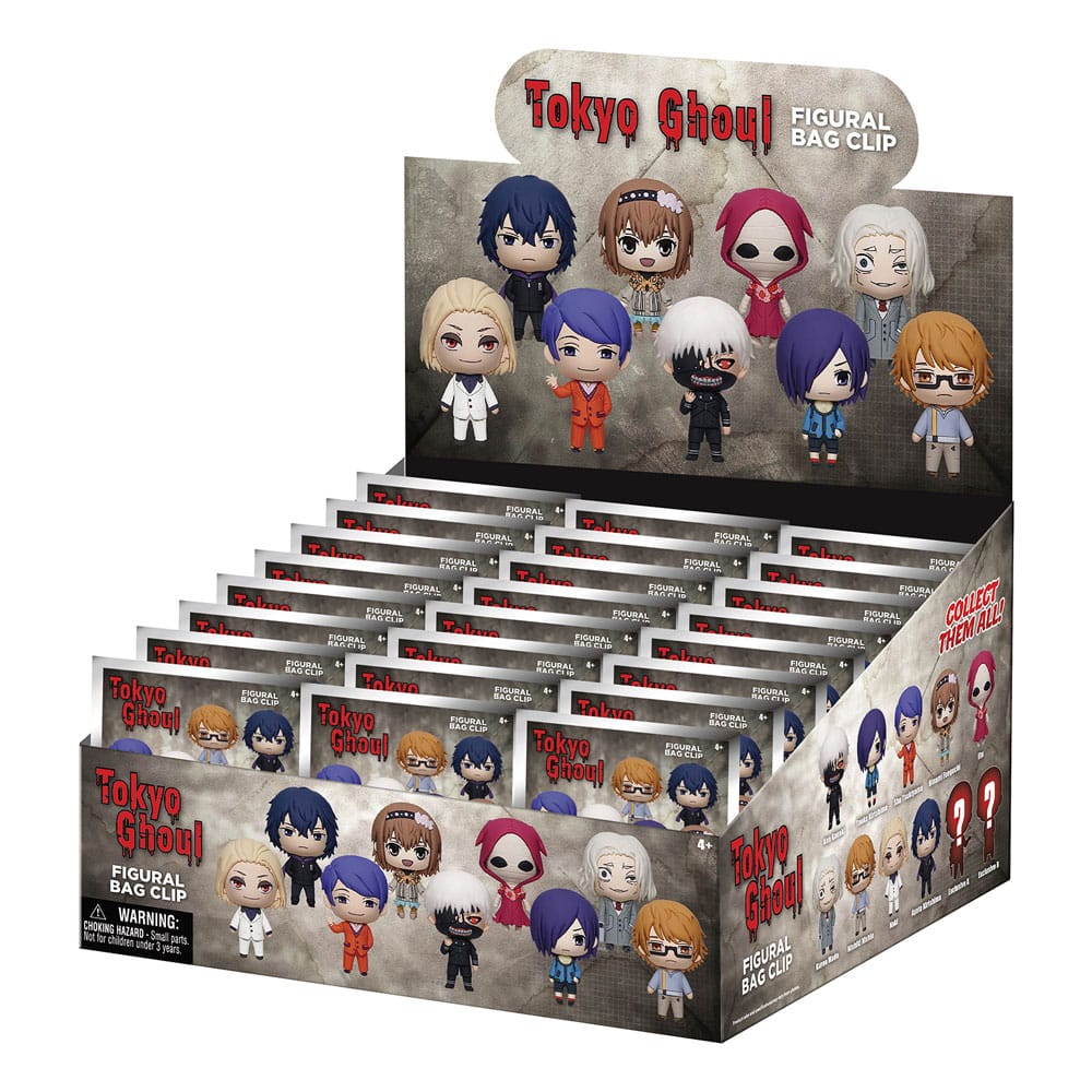 porte-clés Tokyo Ghoul 3D Series 2, avec des figurines chibi des personnages emblématiques de l’anime comme Kaneki, Touka, Juuzou, et d'autres. Le packaging affiche les visuels des porte-clés disponibles.