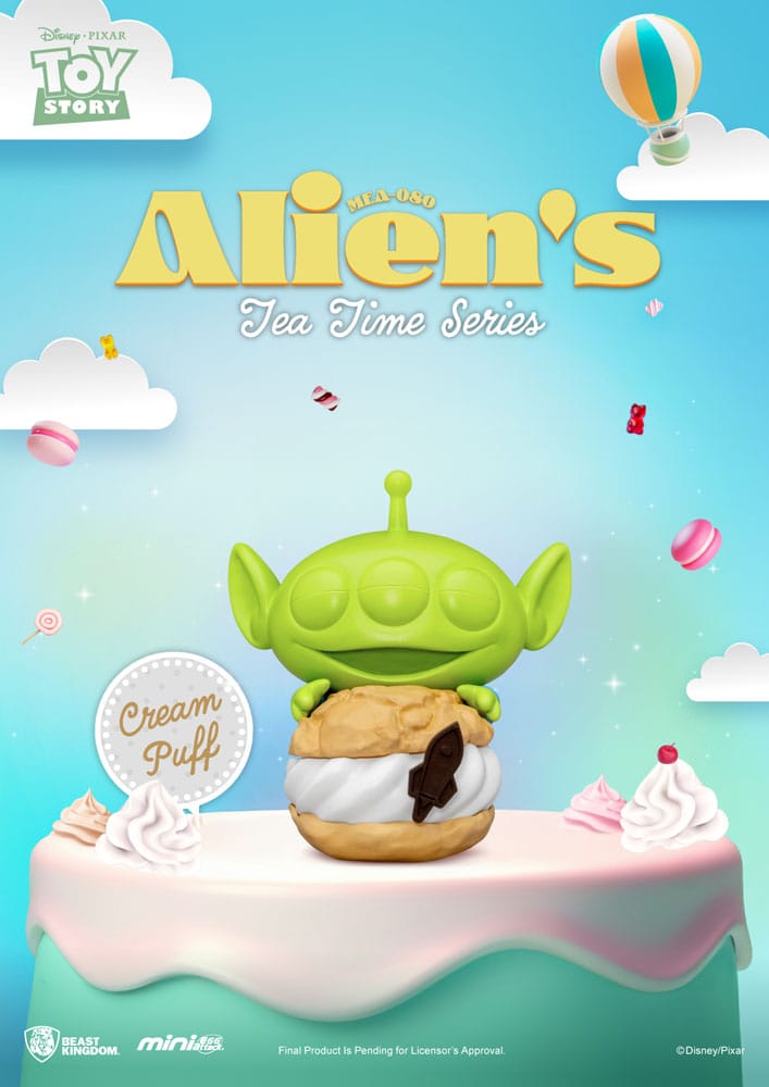 Blind Box Toy Story Alien’s Tea Time avec des figurines des Aliens de Toy Story sous forme de pâtisseries et desserts, créées par Beast Kingdom.