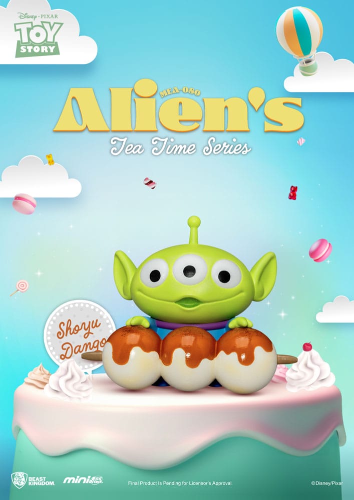 Blind Box Toy Story Alien’s Tea Time avec des figurines des Aliens de Toy Story sous forme de pâtisseries et desserts, créées par Beast Kingdom.