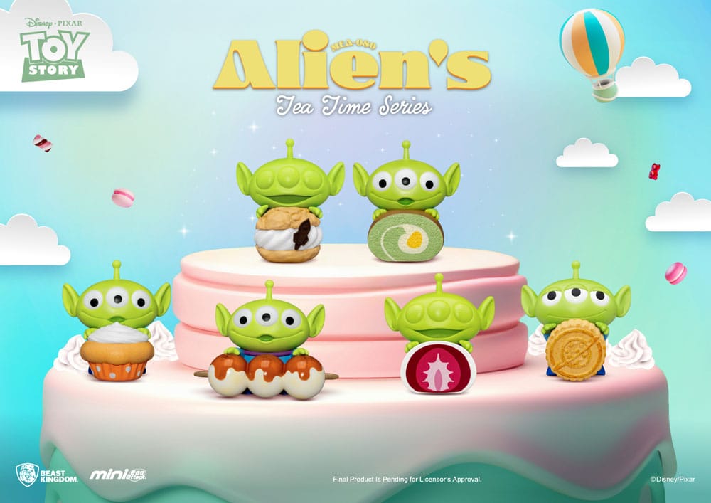 Blind Box Toy Story Alien’s Tea Time avec des figurines des Aliens de Toy Story sous forme de pâtisseries et desserts, créées par Beast Kingdom.