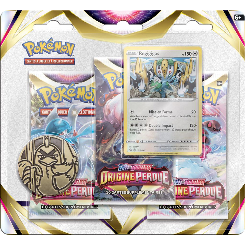 Tri-Pack Pokémon Épée et Bouclier Origine Perdue avec carte promo Regigigas ou Dimoret et pièce collector.