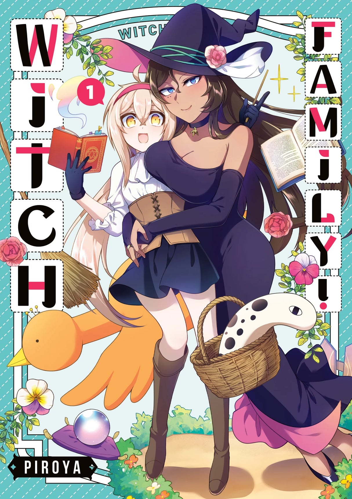 Witch Family! Tome 1 : une jeune sorcière en robe courte et oreilles de lapin tient un livre magique, blottie contre une grande sorcière souriante en robe moulante violette et chapeau à fleur, avec autour d’elles des objets magiques et des créatures adorables.