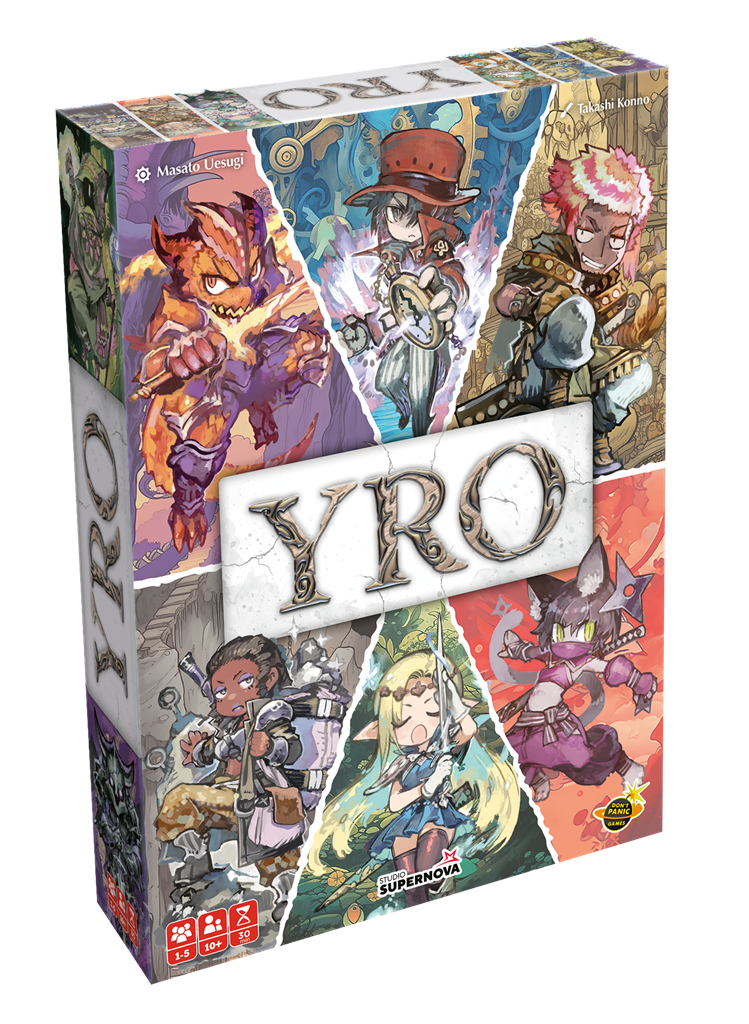 Boîte du jeu Yro avec plusieurs personnages fantasy au style manga, dont guerriers, mage et créatures colorées.