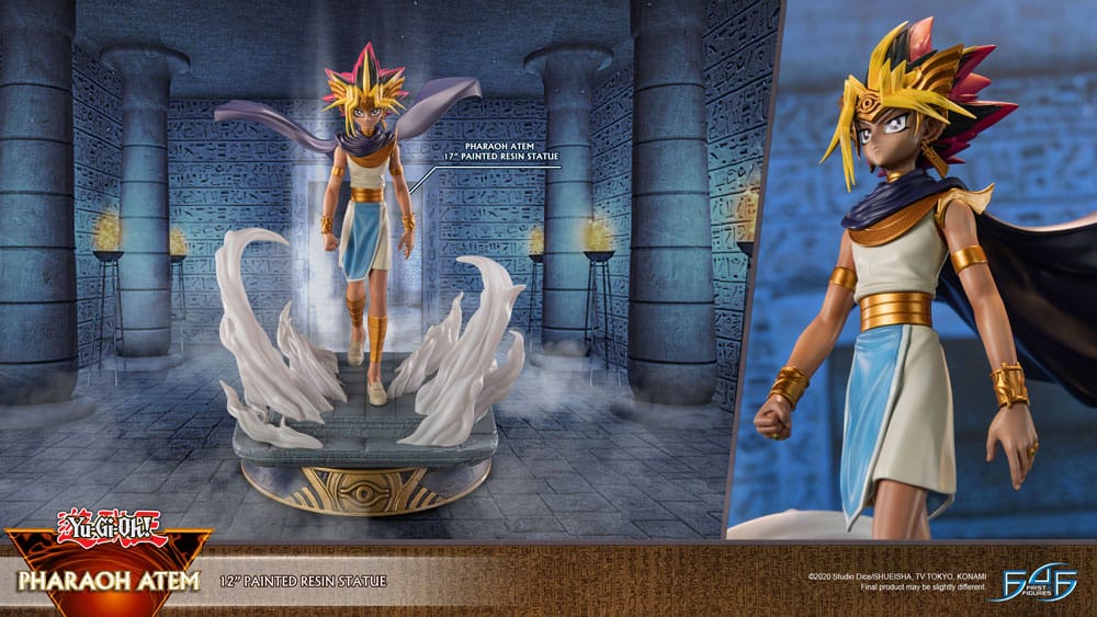 Statuette Yu-Gi-Oh Pharaon Atem 29 cm avec socle égyptien et effets mystiques.