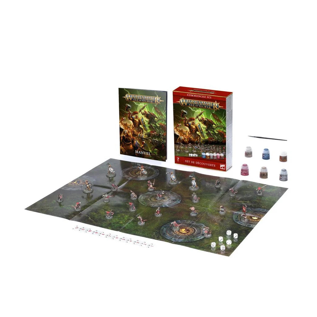 Boîte Warhammer Age of Sigmar Set de Découverte avec figurines Stormcast Eternals et Skavens, peintures et accessoires