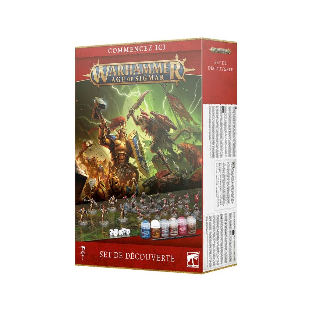 Boîte Warhammer Age of Sigmar Set de Découverte avec figurines Stormcast Eternals et Skavens, peintures et accessoires