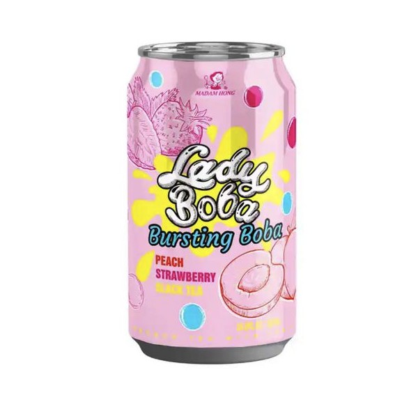 Boisson Lady Boba Bursting Boba saveur fraise et pêche en canette rose 320 ml