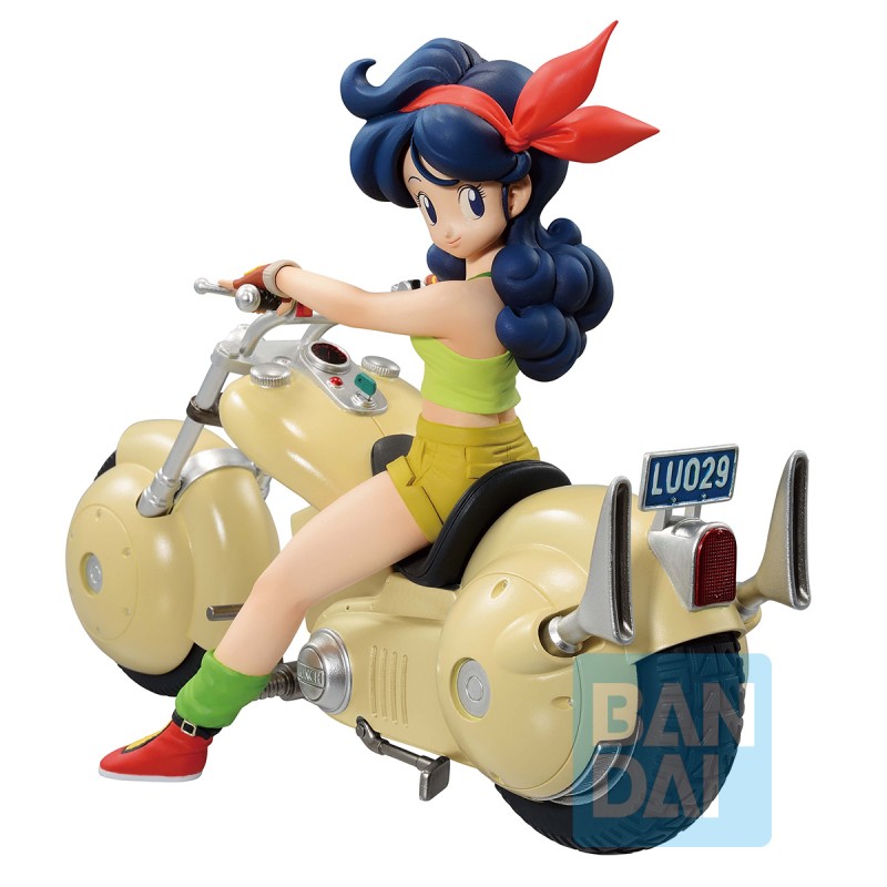 Figurine Dragon Ball Ichibansho Snap Collection : Lunch assise sur une moto rétro, version Bandai officielle.