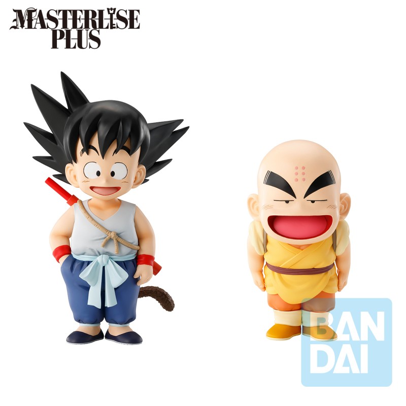 Figurines Dragon Ball Masterlise Plus : Son Goku enfant et Krilin en tenue d’entraînement, version Bandai officielle.