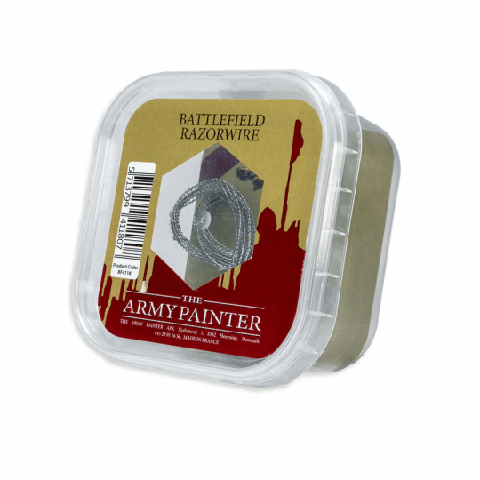 Boîte de fil barbelé miniature Battlefield Razorwire de The Army Painter, utilisé pour décorer les socles de figurines.