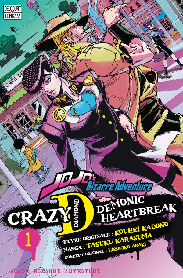 manga JoJo’s Bizarre Adventure – Crazy Diamond’s Demonic Heartbreak Tome 1, avec Josuke Higashikata et Hol Horse dans un style dynamique et coloré signé Araki.
