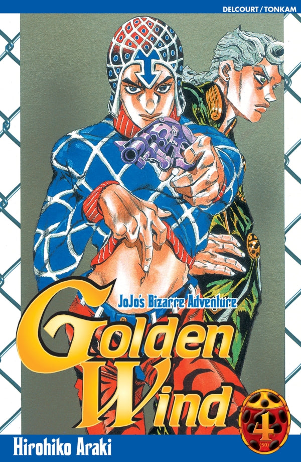 Golden Wind Tome 4, avec Guido Mista tenant un pistolet et Leone Abbacchio à ses côtés, dans un style dynamique propre à JoJo.