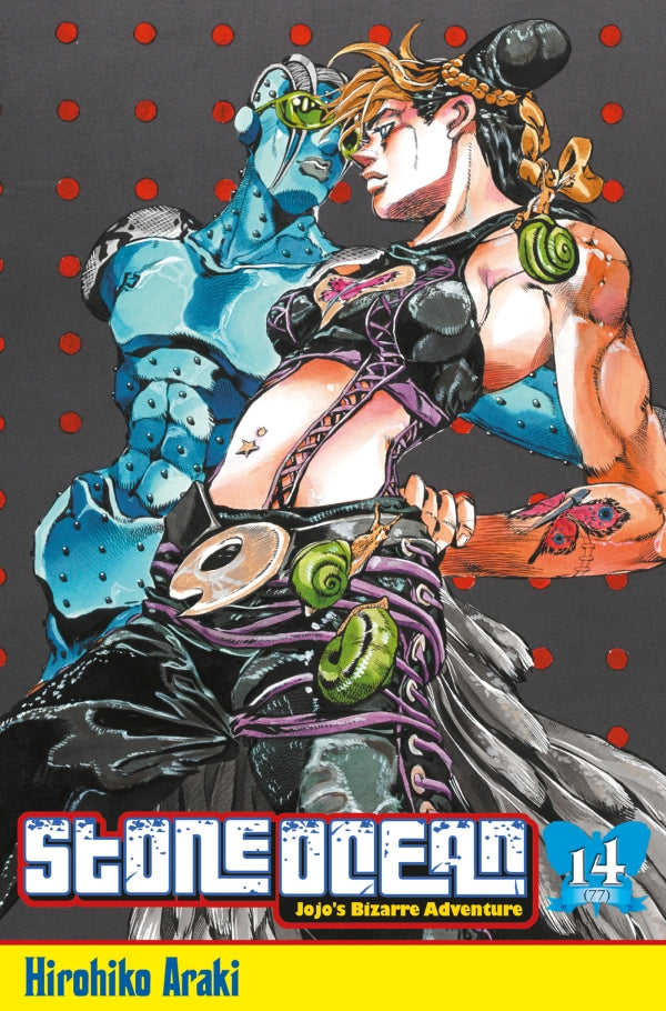 manga Stone Ocean Tome 14, avec Jolyne Cujoh et son Stand Stone Free dans une pose dynamique sur fond à pois rouges.