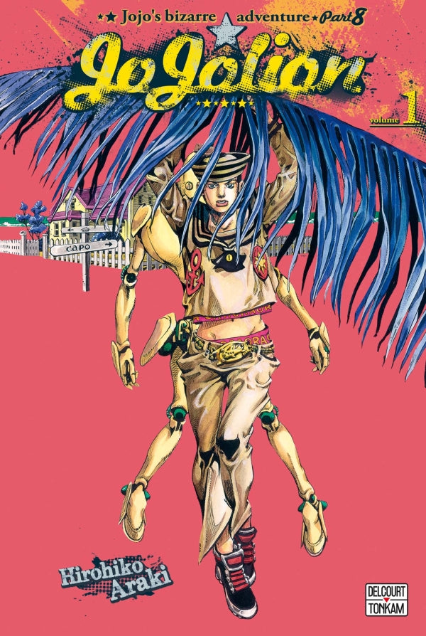 Jaquette du manga Jojolion - JoJo's Bizarre Adventure Part 8, avec Josuke Higashikata en tenue stylisée, sur un fond coloré et psychédélique typique d’Hirohiko Araki.