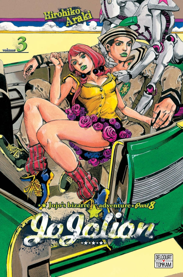 Jaquette du manga Jojolion - JoJo's Bizarre Adventure Part 8, avec Josuke Higashikata en tenue stylisée, sur un fond coloré et psychédélique typique d’Hirohiko Araki.