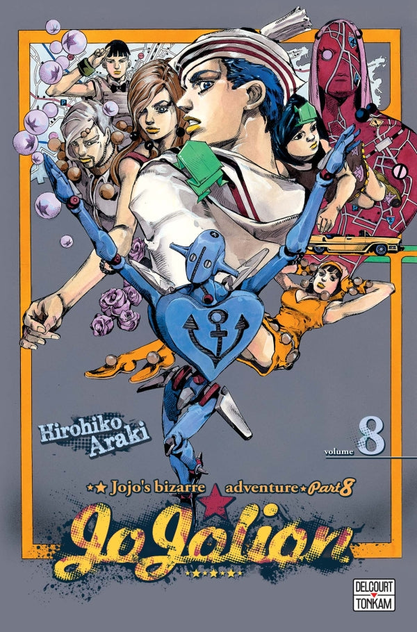 Jaquette du manga Jojolion - JoJo's Bizarre Adventure Part 8, avec Josuke Higashikata en tenue stylisée, sur un fond coloré et psychédélique typique d’Hirohiko Araki.