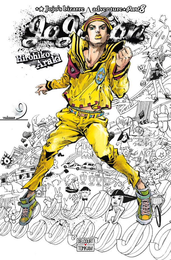 Jaquette du manga Jojolion - JoJo's Bizarre Adventure Part 8, avec Josuke Higashikata en tenue stylisée, sur un fond coloré et psychédélique typique d’Hirohiko Araki.
