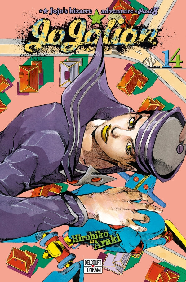 Jaquette du manga Jojolion - JoJo's Bizarre Adventure Part 8, avec Josuke Higashikata en tenue stylisée, sur un fond coloré et psychédélique typique d’Hirohiko Araki.