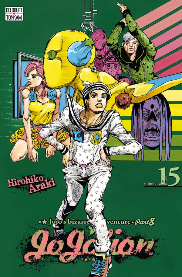 Jaquette du manga Jojolion - JoJo's Bizarre Adventure Part 8, avec Josuke Higashikata en tenue stylisée, sur un fond coloré et psychédélique typique d’Hirohiko Araki.