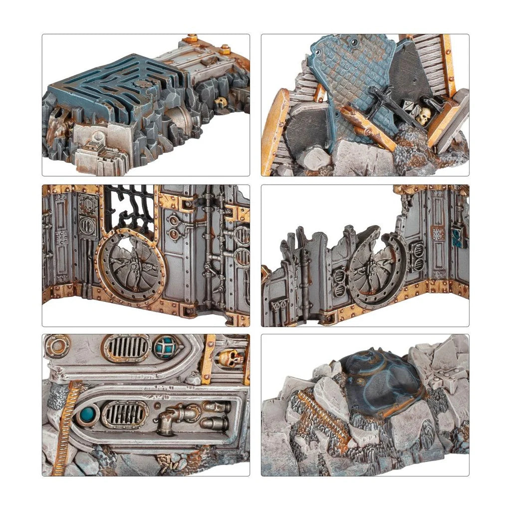 Boîte Killzone: Volkus pour Kill Team avec décors urbains en ruines et tapis de jeu