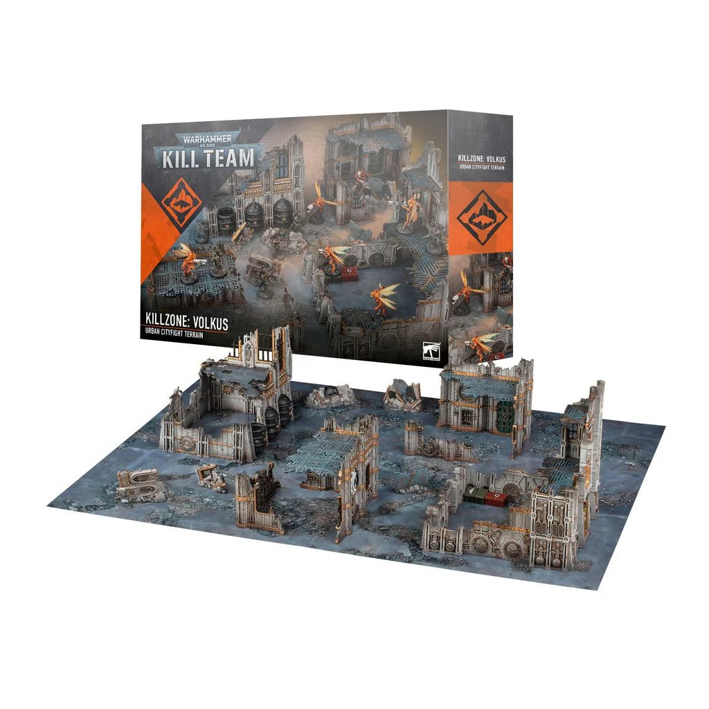 Boîte Killzone: Volkus pour Kill Team avec décors urbains en ruines et tapis de jeu