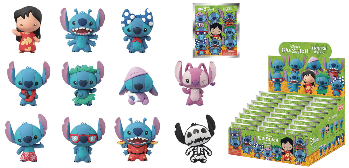 Lilo & Stitch Figural Keyring, avec plusieurs versions stylisées de Stitch et Lilo sur fond vert, chaque personnage représenté dans une tenue ou une pose unique.