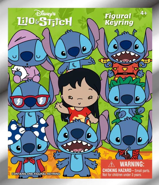 Lilo & Stitch Figural Keyring, avec plusieurs versions stylisées de Stitch et Lilo sur fond vert, chaque personnage représenté dans une tenue ou une pose unique.