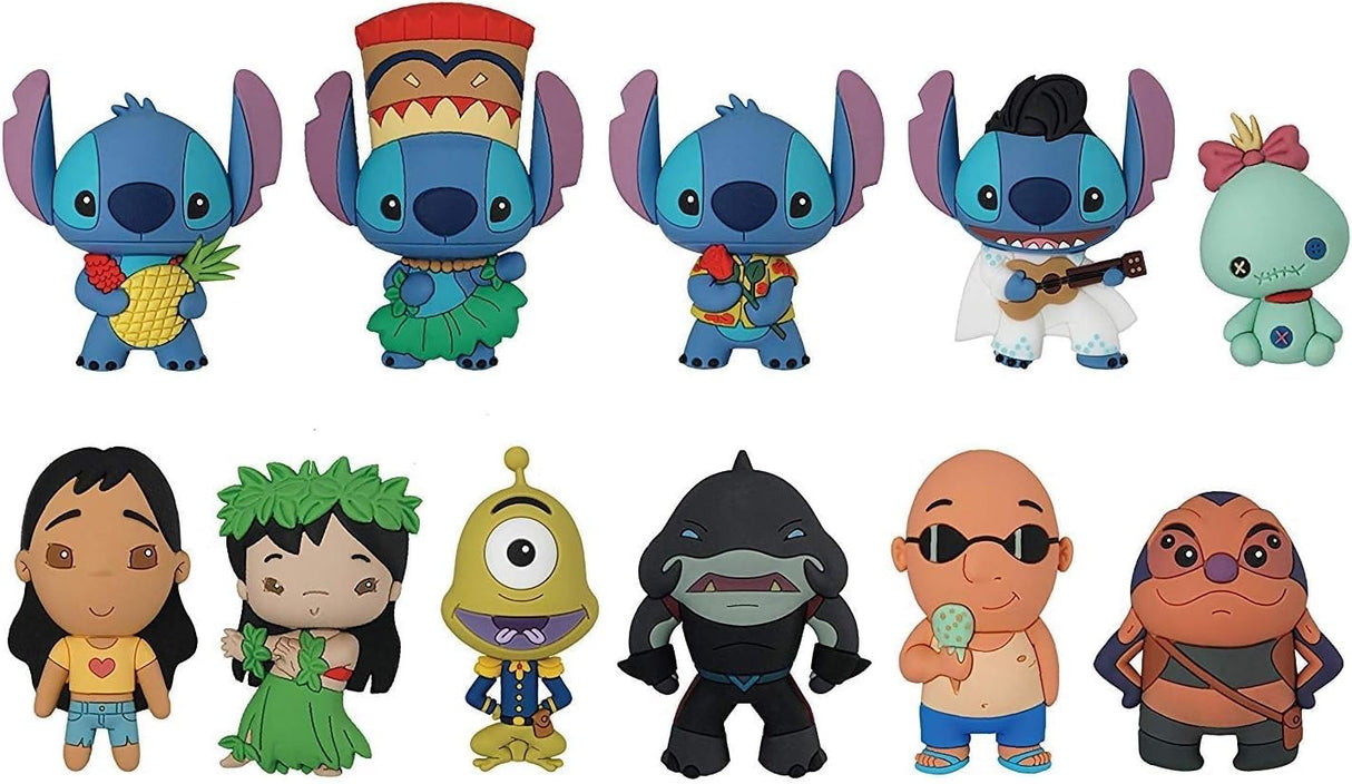 série 2 des Disney Figural Bag Clips, représentant Stitch, Lilo et d'autres personnages sous forme de porte-clés en PVC stylisés, avec un design mignon et coloré.