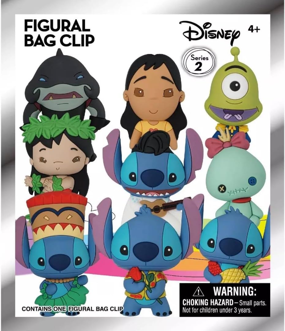 série 2 des Disney Figural Bag Clips, représentant Stitch, Lilo et d'autres personnages sous forme de porte-clés en PVC stylisés, avec un design mignon et coloré.