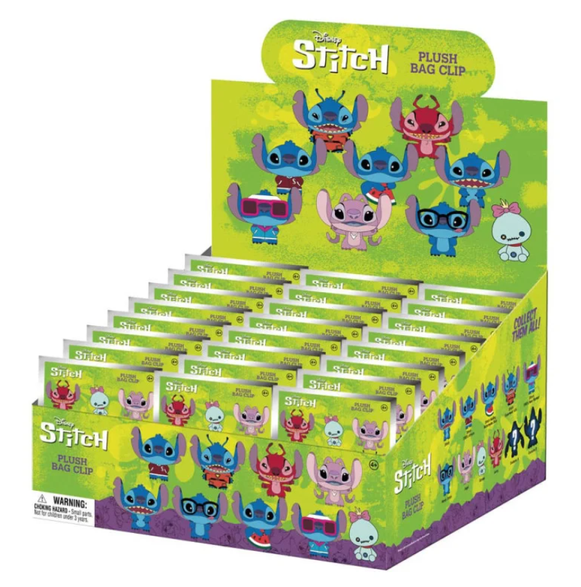 sachets mystères Stitch Plush Bag Clip, avec plusieurs versions peluche de Stitch et ses amis sur fond vert et violet, mettant en avant une collection à découvrir.